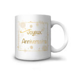 Mug joyeux anniversaire doré élégant avec son cadre et ses ronds