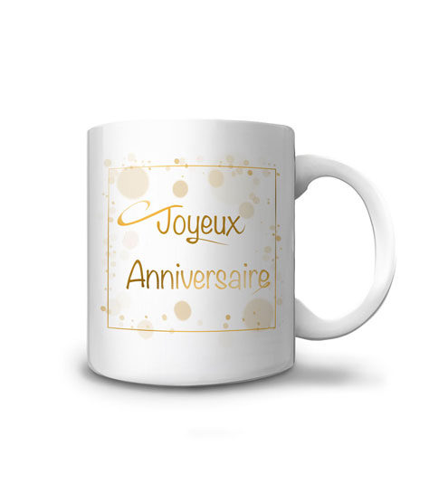 Mug joyeux anniversaire doré élégant avec son cadre et ses ronds