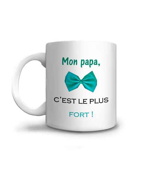 Mug mon papa c'est le plus fort et son nœud papillon vert d'eau