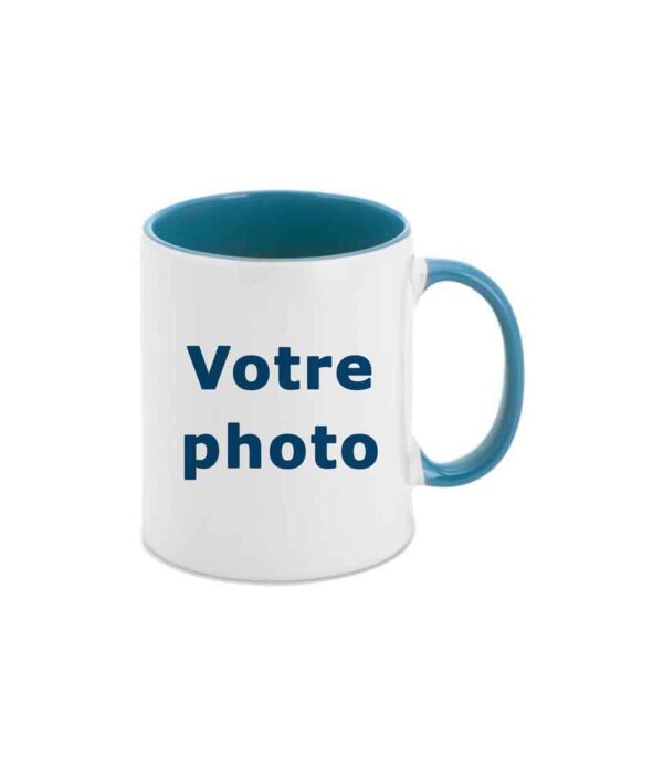 Option mug bleu - anse bleue - intérieur mug bleu - mug imprimable et personnalisable avec technique de sublimation - impression photographie sur mug - impression texte sur mug - impression dessin sur mug - impression illustration sur mug imprimé