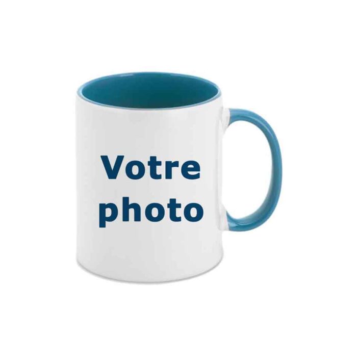 Option mug bleu - anse bleue - intérieur mug bleu - mug imprimable et personnalisable avec technique de sublimation - impression photographie sur mug - impression texte sur mug - impression dessin sur mug - impression illustration sur mug imprimé