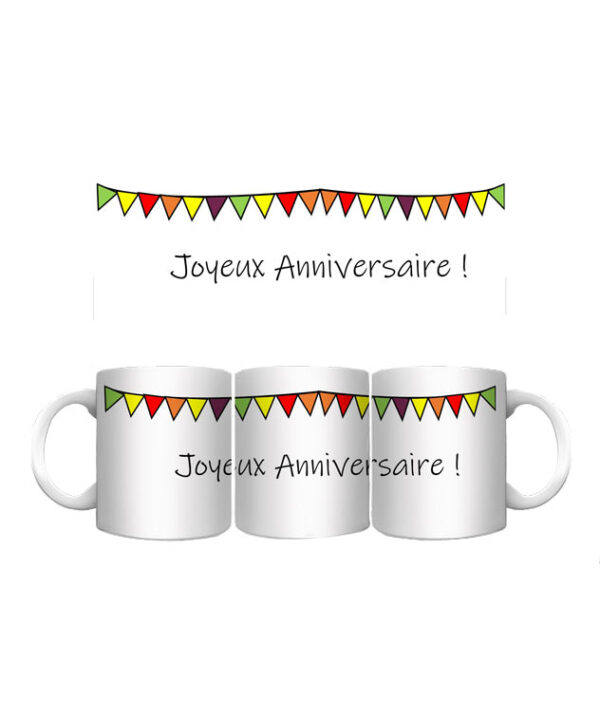 mug panoramique joyeux anniversaire banderole jaune, orange, rouge et verte