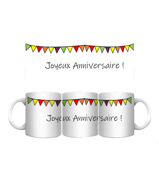 mug panoramique joyeux anniversaire banderole jaune, orange, rouge et verte