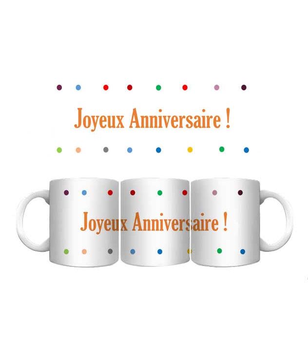 Mug panoramique joyeux anniversaire avec des pois multicolores