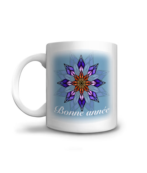 Bonne année avec l'étoile flocon sur son mug de noël