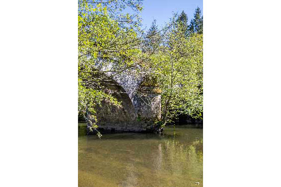Photo de paysage du pont vieux qui enjambe la rivière au milieu de la végétation. A offrir en cadeau