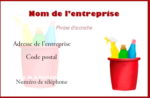 Modèle de cartes de visite pour entreprises de nettoyage et de ménage à dominante rouge avec son seau et ses produits d'entretien