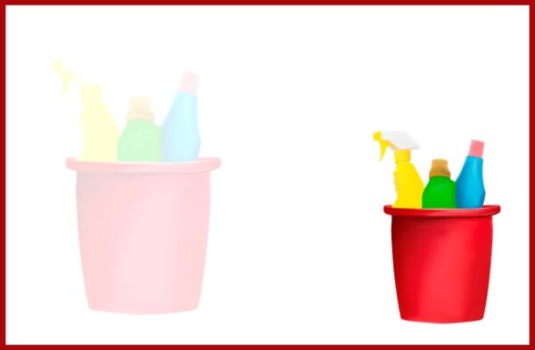 Cartes de visite pour entreprise de nettoyage avec dominante rouge, seau et produits d'entretien