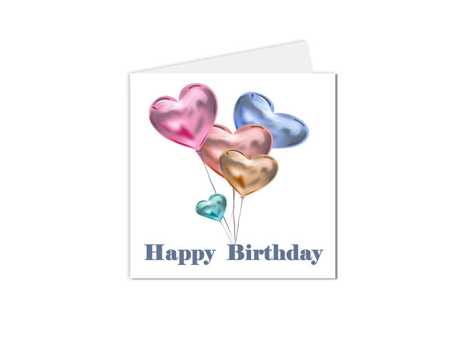 Carte d'anniversaire avec ballons gonflés à l'hélium en forme de cœur ; happy birthday
