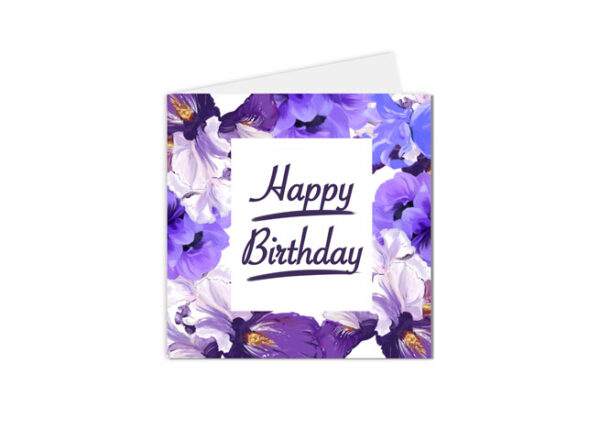 carte happy birthday avec des fleurs violettes