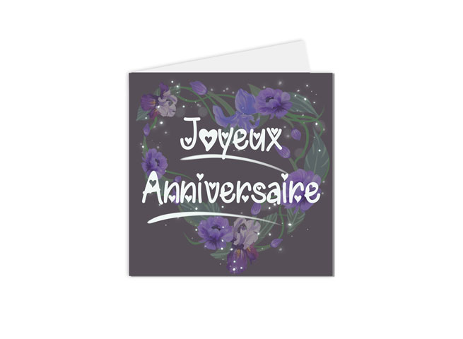 Carte pour souhaiter un joyeux anniversaire avec des fleurs en couronne en forme de cœur