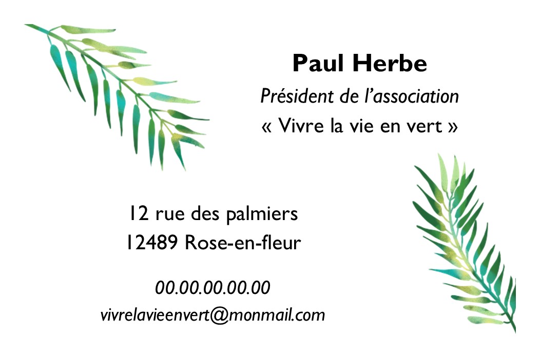 carte de visite recto verso fleuriste et jardinier feuilles palmier