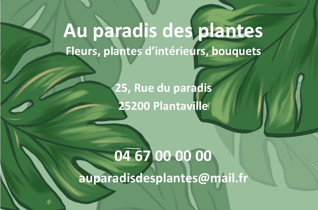 carte de visite recto verso jardinier et fleuriste Feuilles monstera