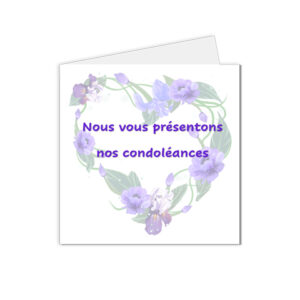 carte de condoléances cœur floral avec message écrit en violet