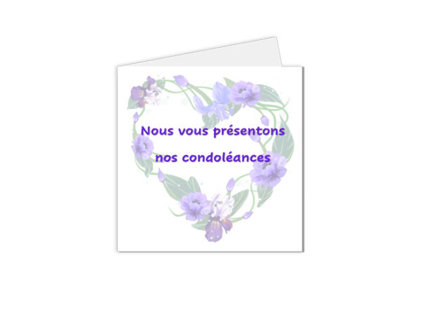 carte de condoléances cœur floral avec message écrit en violet