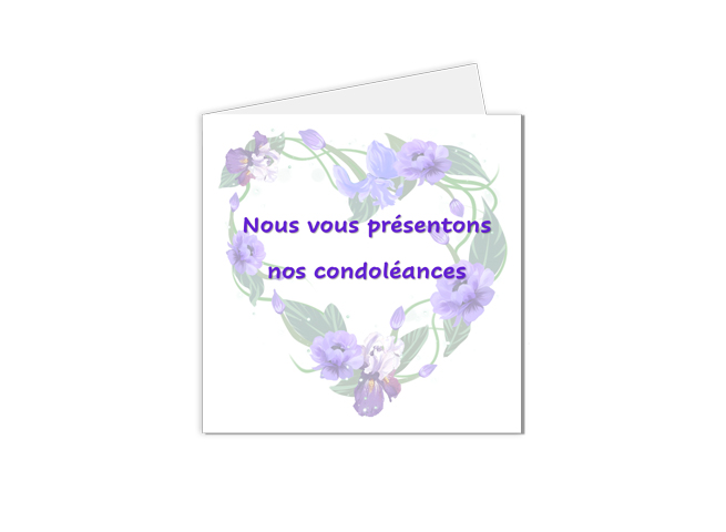 carte de condoléances cœur floral avec message écrit en violet