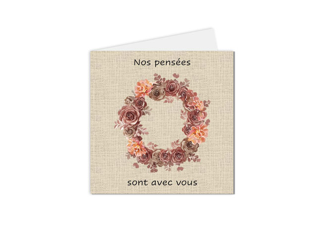 carte condoléances nos pensées sont avec vous illustré par une couronne de roses en son centre