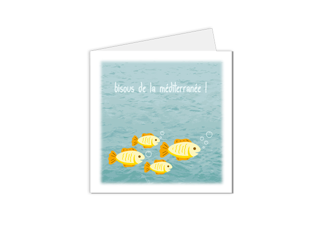 carte postale "Bisous de la méditerranée " illustration de poissons