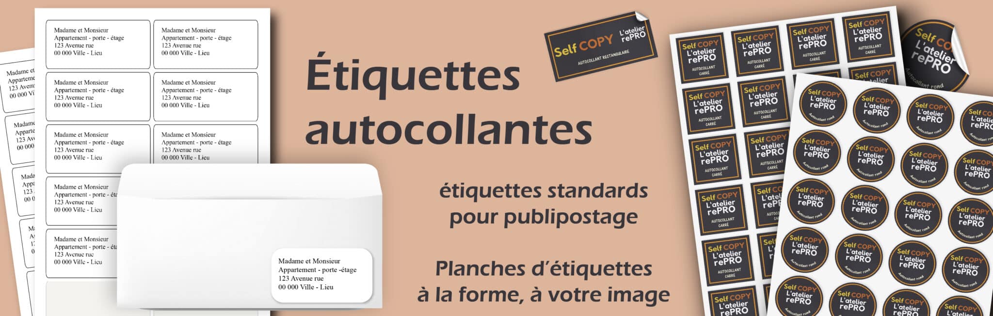 Pour votre communication professionnelle, pensez aux étiquettes de publipostage ou aux étiquettes autocollantes pour coller sur vos produits : bouteilles, pots. Etiquettes pouvant être découpées à la forme de votre graphisme.