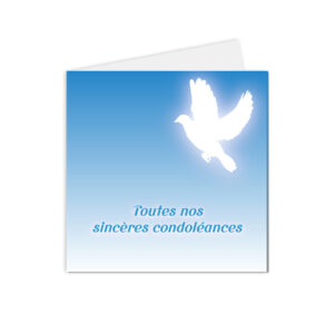 carte de condoléances au fond dégradé blanc et bleu ciel, avec une illustration de colombe blanche dans le coin haut droit
