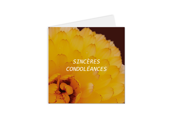 Carte de condoléances avec une fleur au multiple pétales jaune et réconfortante