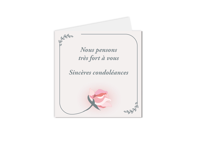 carte de condoléances avec une illustration de rose, sur un fond doux et neutre.