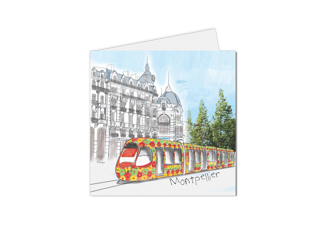 Carte postale illustrée de Montpellier avec une représentation de son tramway fleuri et de l'architecture de l'écusson